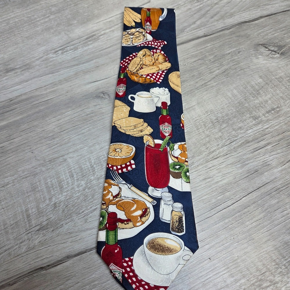 Tabasco Blue Silk Necktie 59 inch All Over Print Bottles Food Drink Made in USA